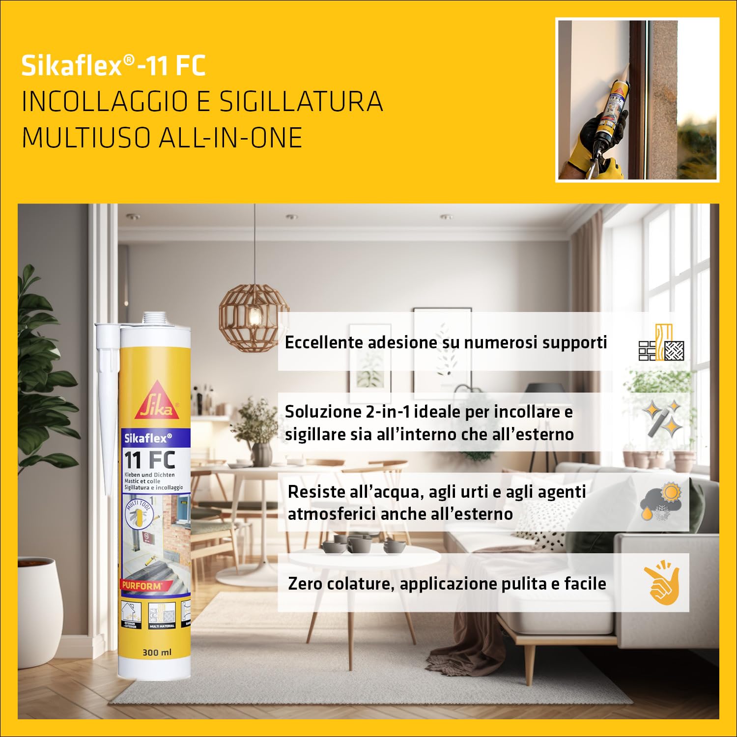 SIKA - Sigillante adesivo universale - Sikaflex 11 FC Purform, Grigio - Incolla e sigilla in un solo gesto con la nuova tecnologia Purform per una casa perfetta - 300ml