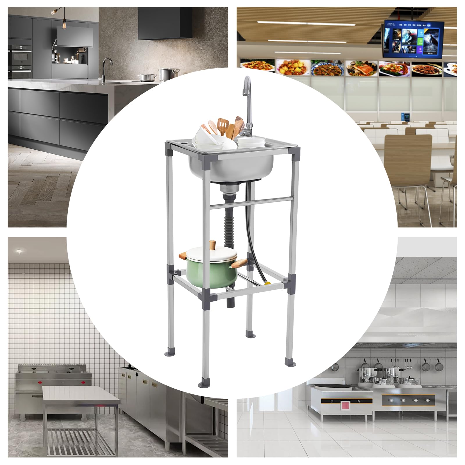 Fregadero independiente de acero inoxidable Fregadero comercial con grifo de agua fría, fregadero de baño, lavabo, baño, baño, baño, baño, cocina, empotrable, fregadero de cocina, instalación de plata