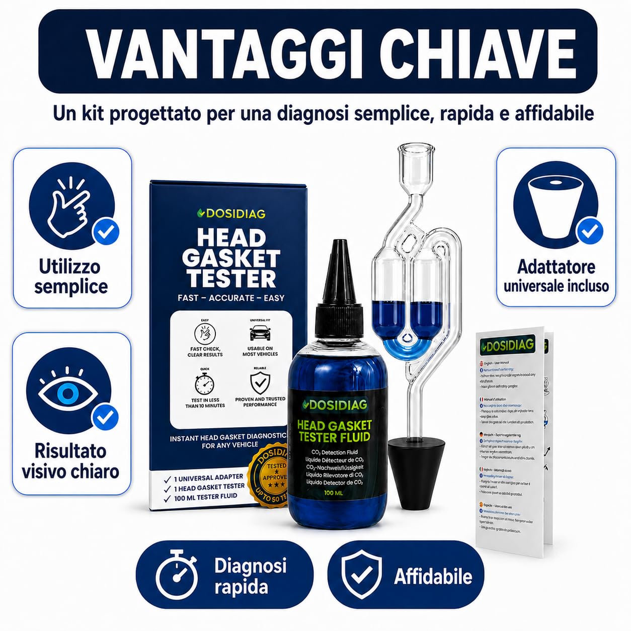 Tester per Guarnizione Testa Cilindrica – Fino a 50 Test – Rilevatore di Perdite CO₂ per Motore a Benzina e Diesel – Kit Universale con Liquido Reattivo Blu – Diagnostica Rapida e Affidabile