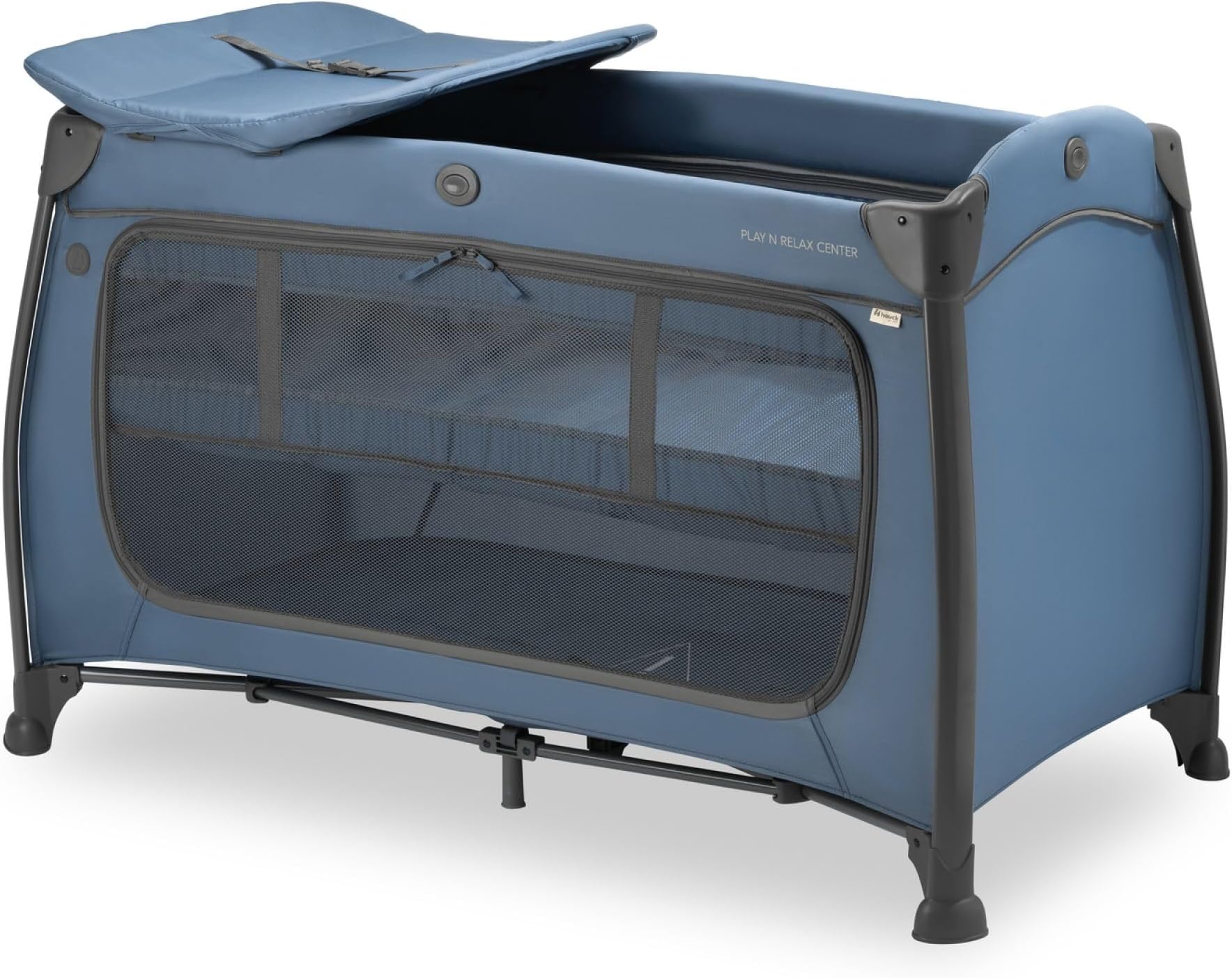 HauckPlay N Relax Centre Children's Travel Bed with Newborn Hanging, Changing Mat, Transport Bag, XL Slip, Small Foldable, Baby Travel Cot, Toddler from Birth to 15 kg (Dark Blue)