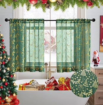 XTMYI Green Kitchen Curtains for Christmas Decorations,Holiday Cafe Short Sheer Small Window Evergreen Curtains for Bathroom Kids Bedroom Bath Room,Set of 2 Panels,24 Inch Length
