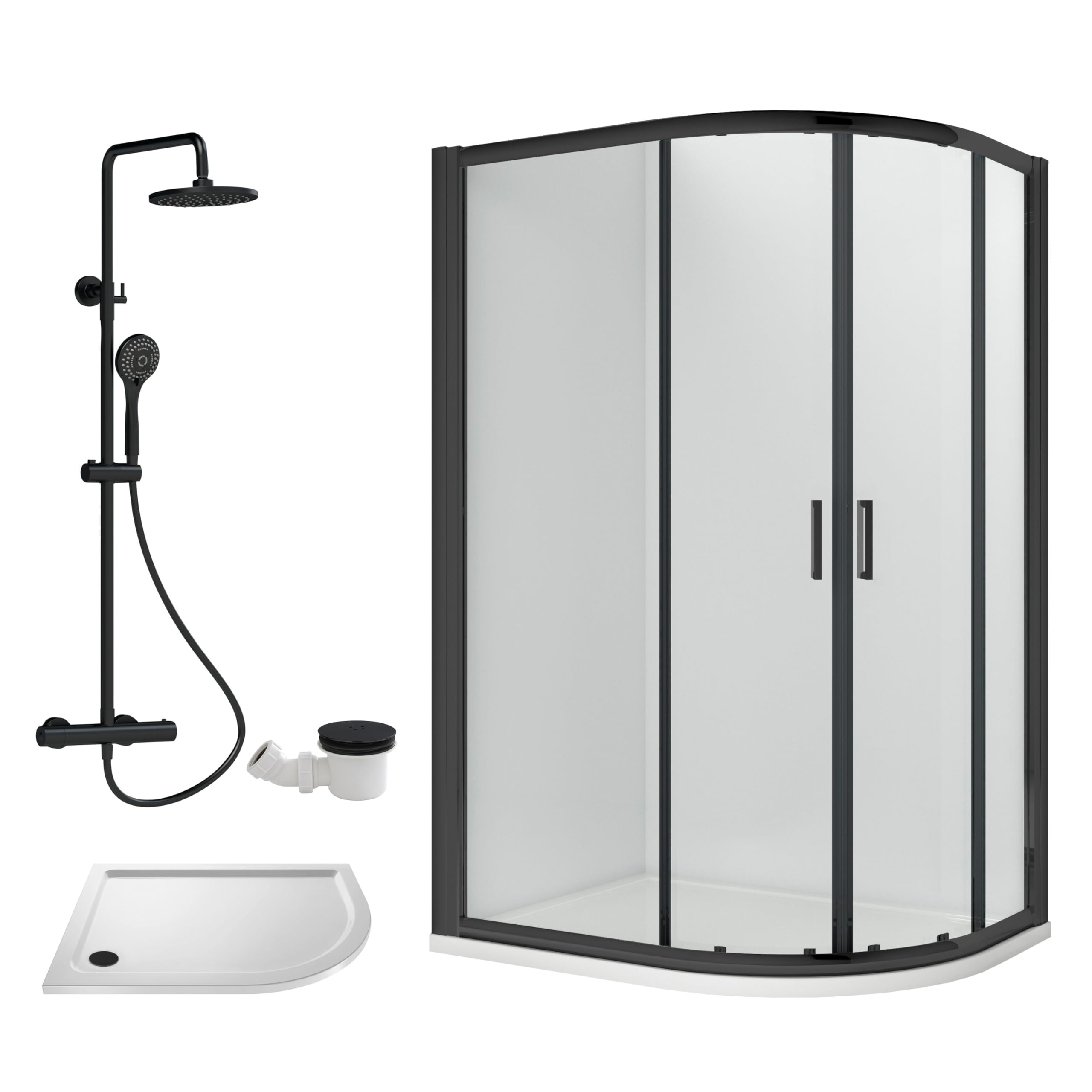 Balterley Black Offset Quadrant Shower Enclosure, Offset Quadrant Tray, Waste & Thermostatic Shower Kit, 6Mm Toughened Safety Glass Door, Bar Handle Sliding Glass Door, Round Showerhead & Handset (Black)