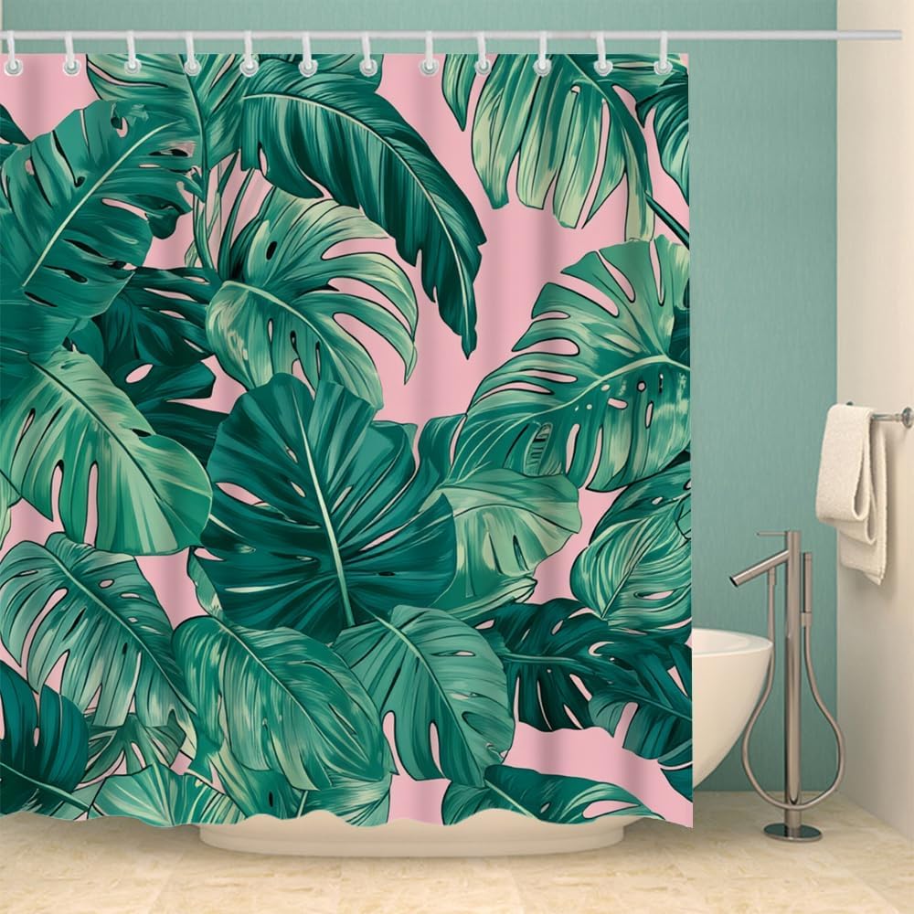 HGOD Designs Tropical Shower Curtain,Tropical Banana Grenn Leaves in The Pink Background Shower Curtain Bathroom Decor Set with Hooks Size 66x72 Inch