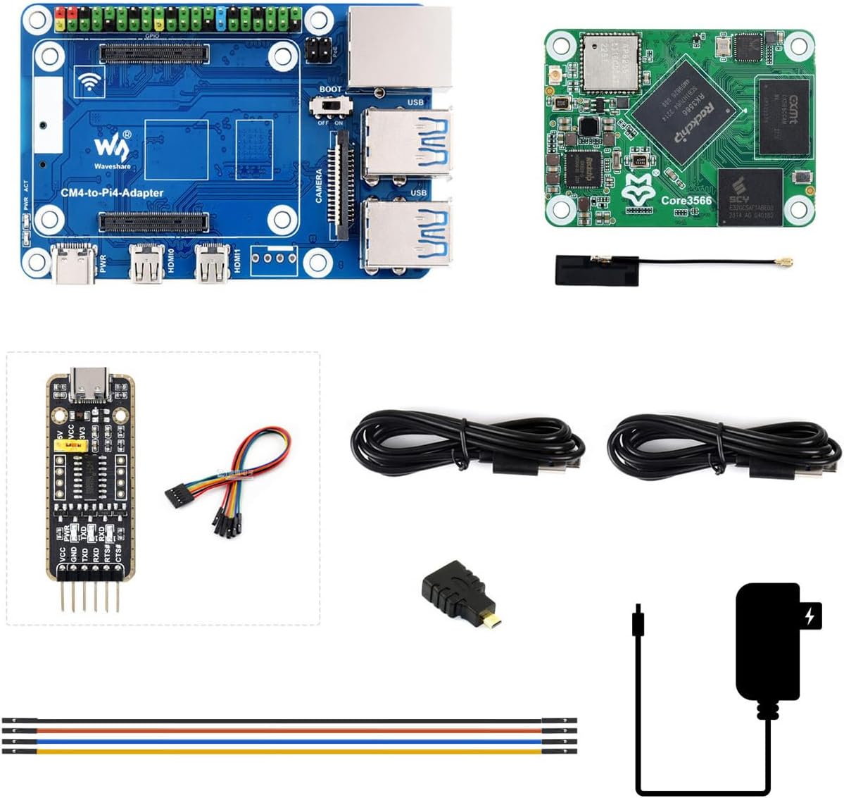 Core3566 Module Kit, Rockchip RK3566 Quad-Core Processor, Compatible with Raspberry Pi CM4, Include Core3566102032, CM4-to-Pi4-Adapter and Other Accessories