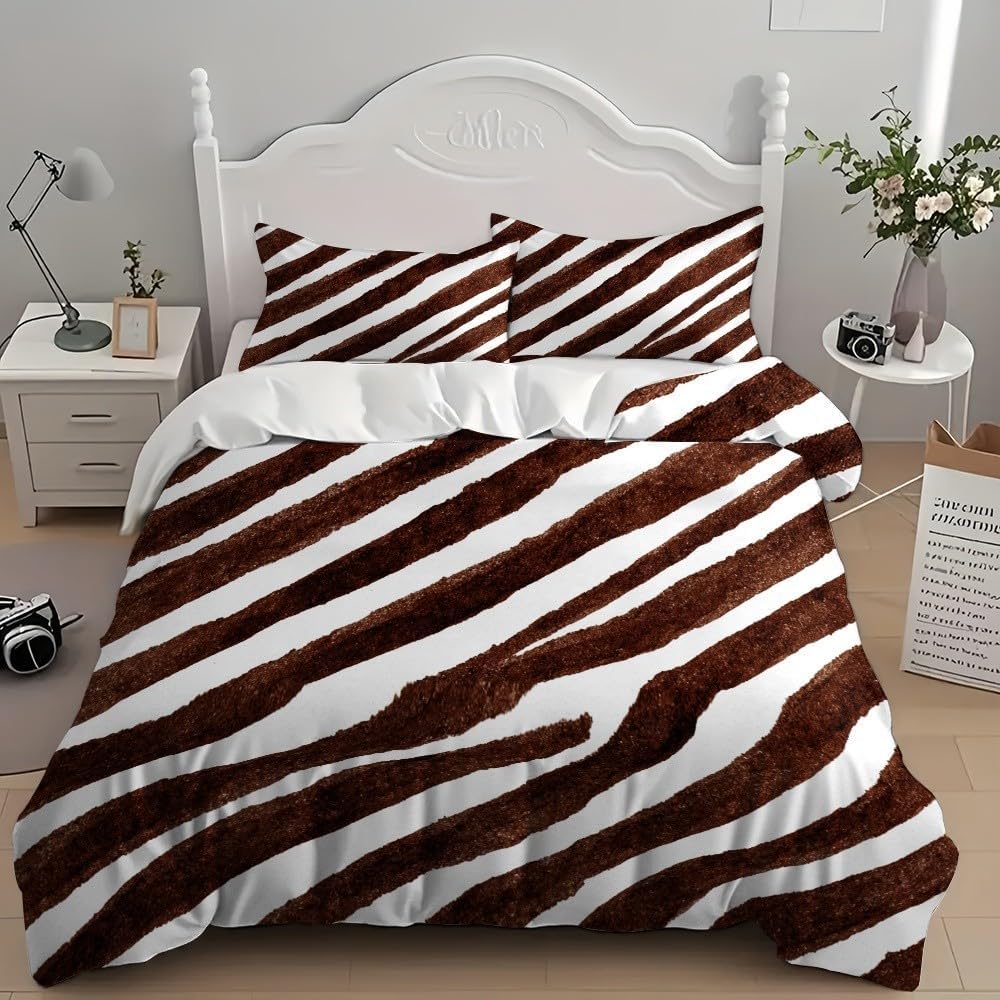 Brązowe paski zestaw poszewek na kołdrę w super king size, zwierzęce paski, miękka poszewka na kołdrę, całoroczna poszewka na kołdrę 260 x 220 cm, szczotkowana mikrofibra, hipoalergiczne zestawy