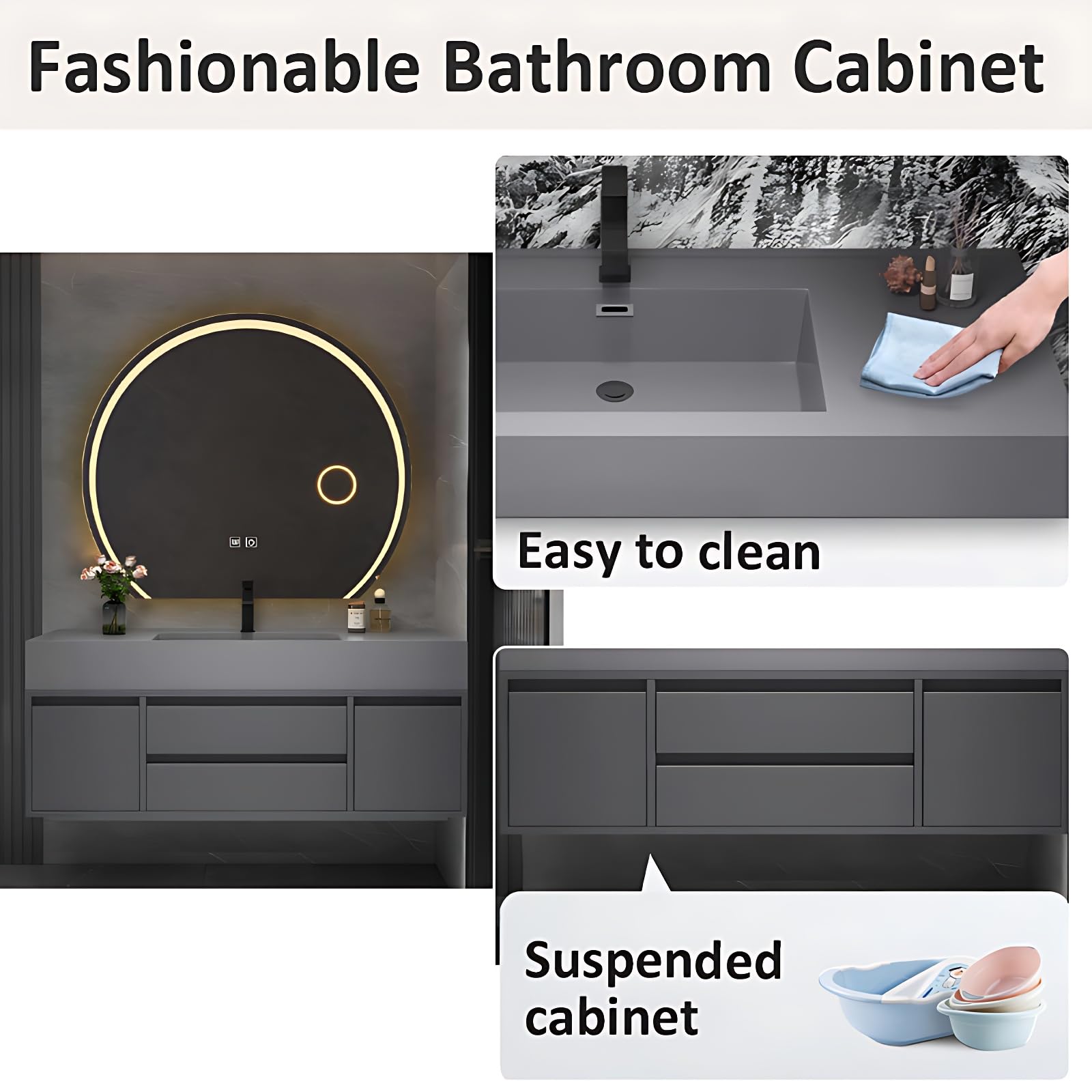 Set da bagno con lavandino e specchio a LED, armadietto in legno massiccio da 91,4 cm, 2 ante, funzione di smorzamento e ingrandimento per riporre oggetti eleganti e decorazioni moderne