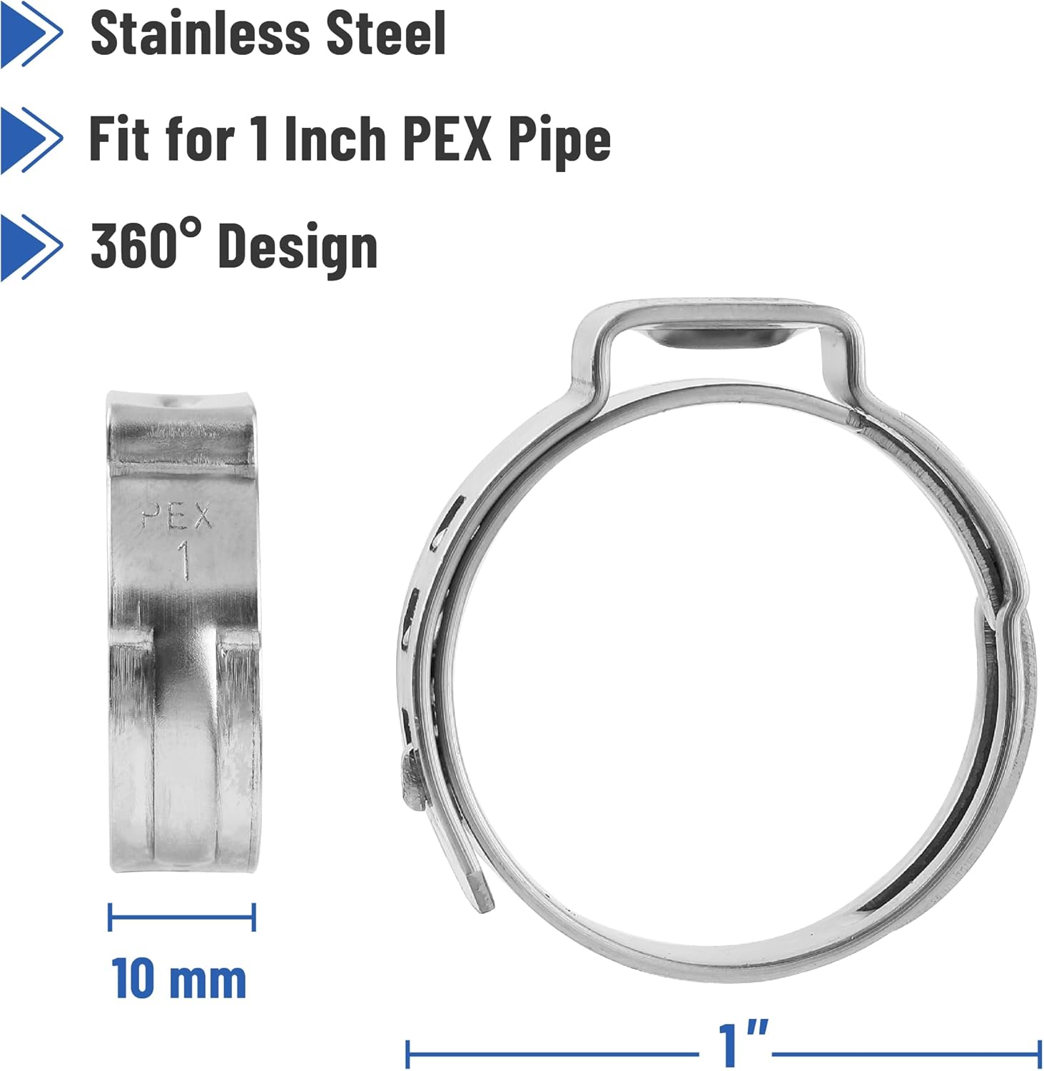 Bates- PEX Cinch Clamp Rings, 1-Inch, 50 Pack, Stainless Steel, Pex Clamps