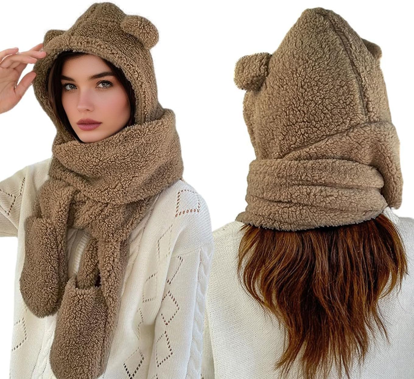 Women Cute Bear Hooded Hat Scarf Gloves Set 3-in-1 Earflap Animal Hat Plush Warm Hooded Scarf with Mittens image 4