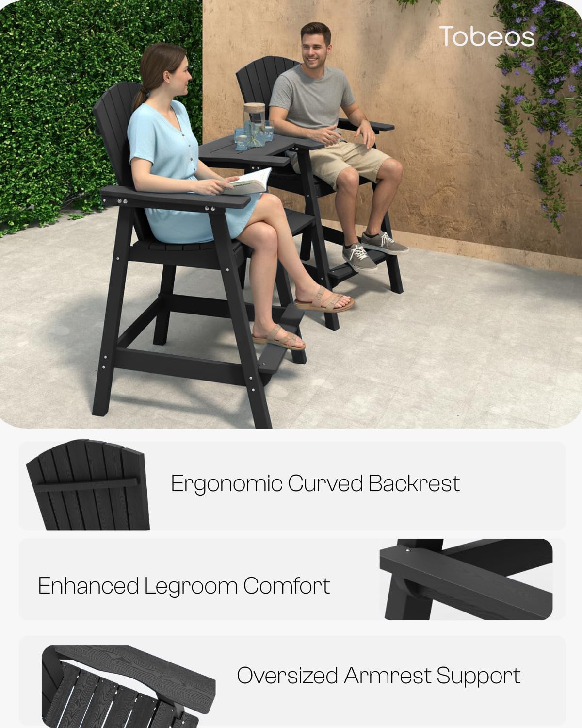 Tall Adirondack Chairs Set of 2, HDPE Outdoor Adirondack Chairs with Double Connecting Tray, Bar Height High Back Patio Chairs for Balcony, Deck, Backyard (Black, 2-PC Bar Chair Set)