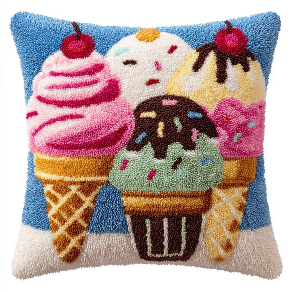 WallustrioaW Latch Hook Pillowcase Kits 17x17in,Cartoon Ice Cream