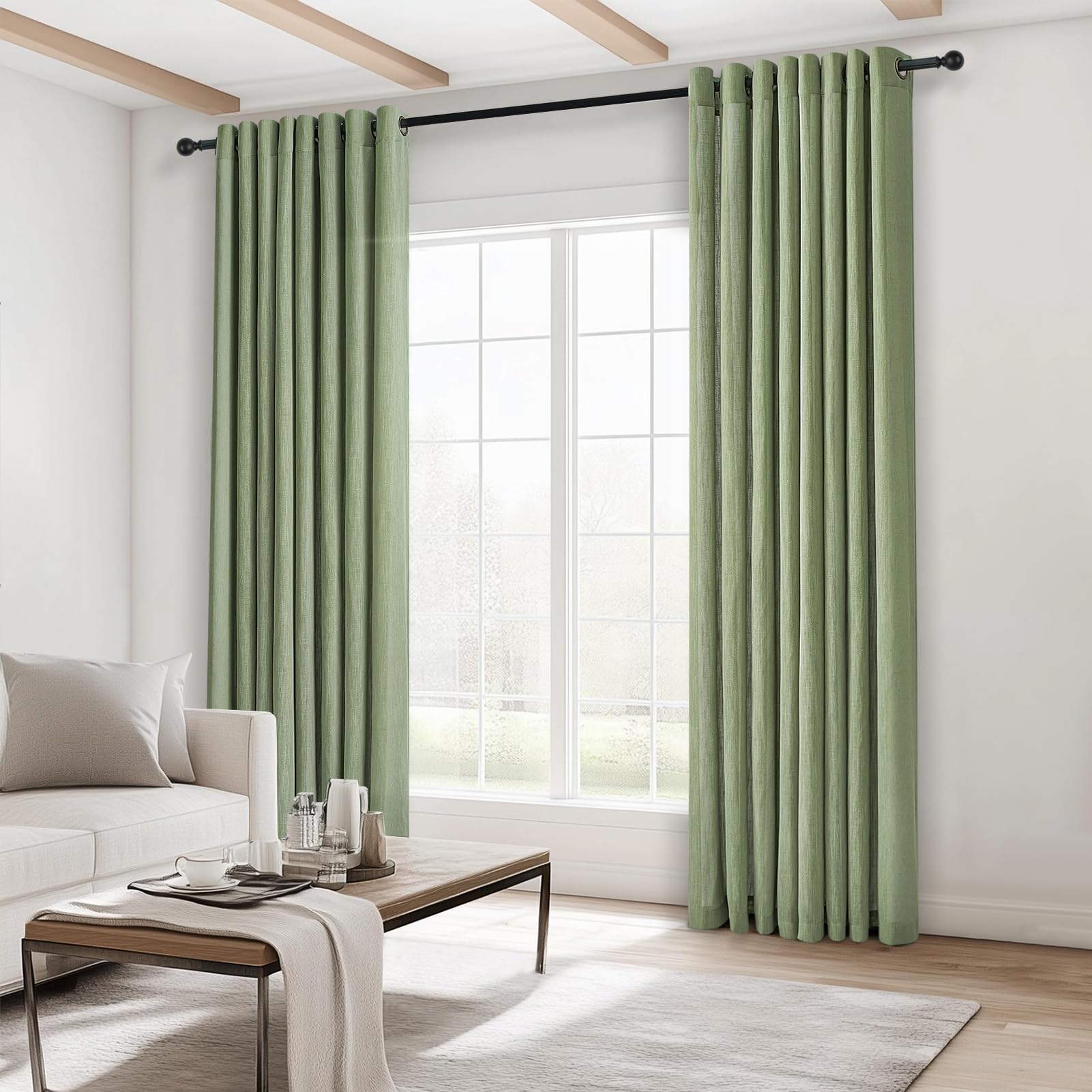 Topfinel Zasłona w kolorze szałwiowo-zielonym, lniana, do salonu, półprzezroczysta, woal, na przelotkach, jasna, 140 x 235 cm, zasłona na szelkach, zestaw 2 sztuk