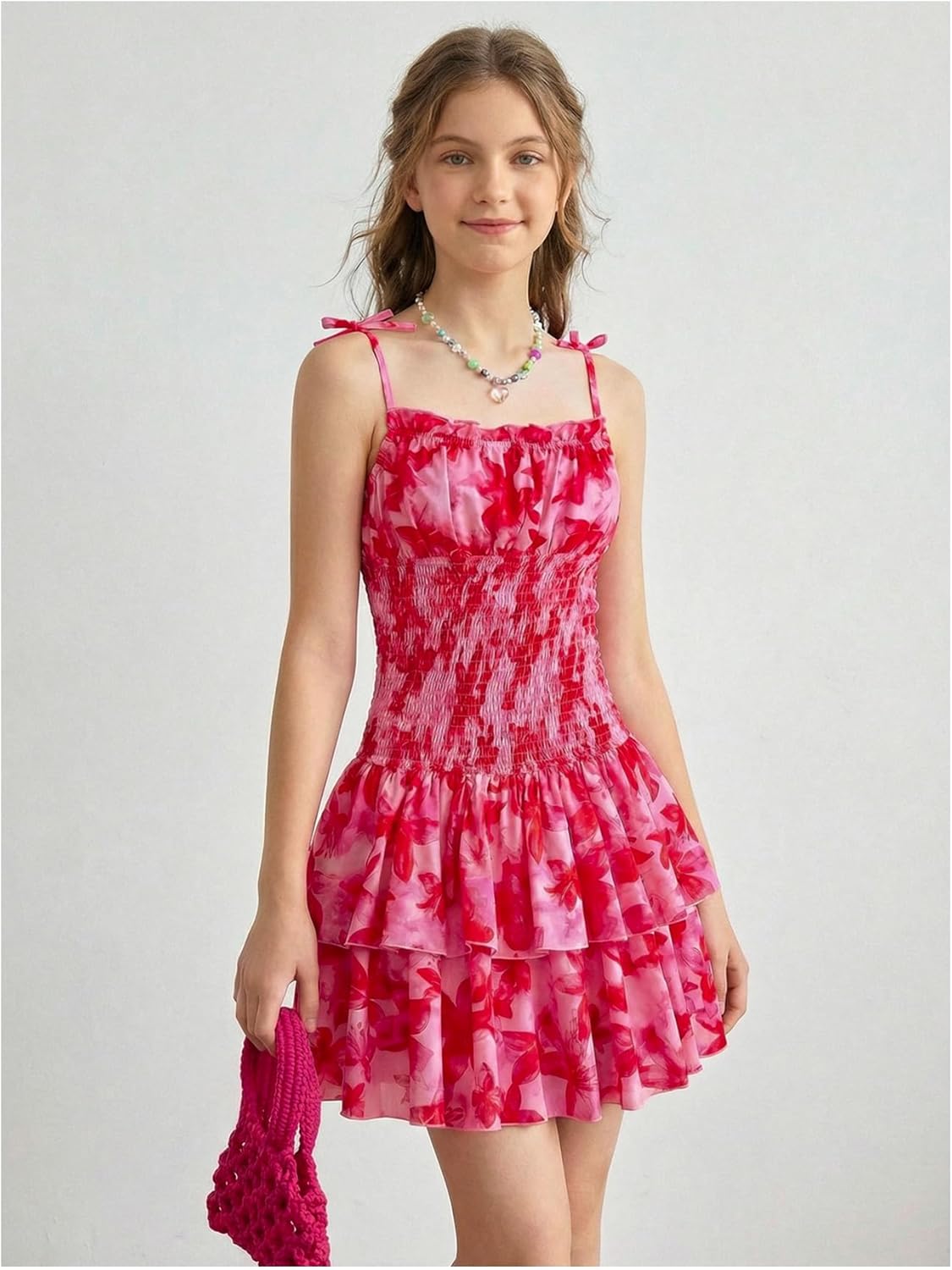 OYOANGLE Girl's Floral Ruffle Teen Dress Spaghetti Strap Sleeveless Shirred Waist Summer Vacation Short Dress