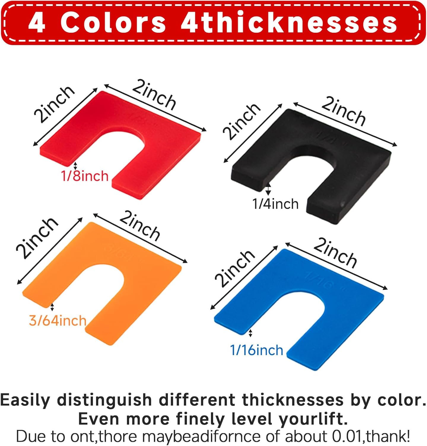96 Pcs Car Lift Auto Leveling Shim Install Kit for 2 Post 4 Post Car Lift Precise Leveling Installation, 4/5" Opening Shims Fit for 3/4" Anchor Bolt (1/16" Blue, 1/8" Red, 1/4" Black, 3/64" Orange)
