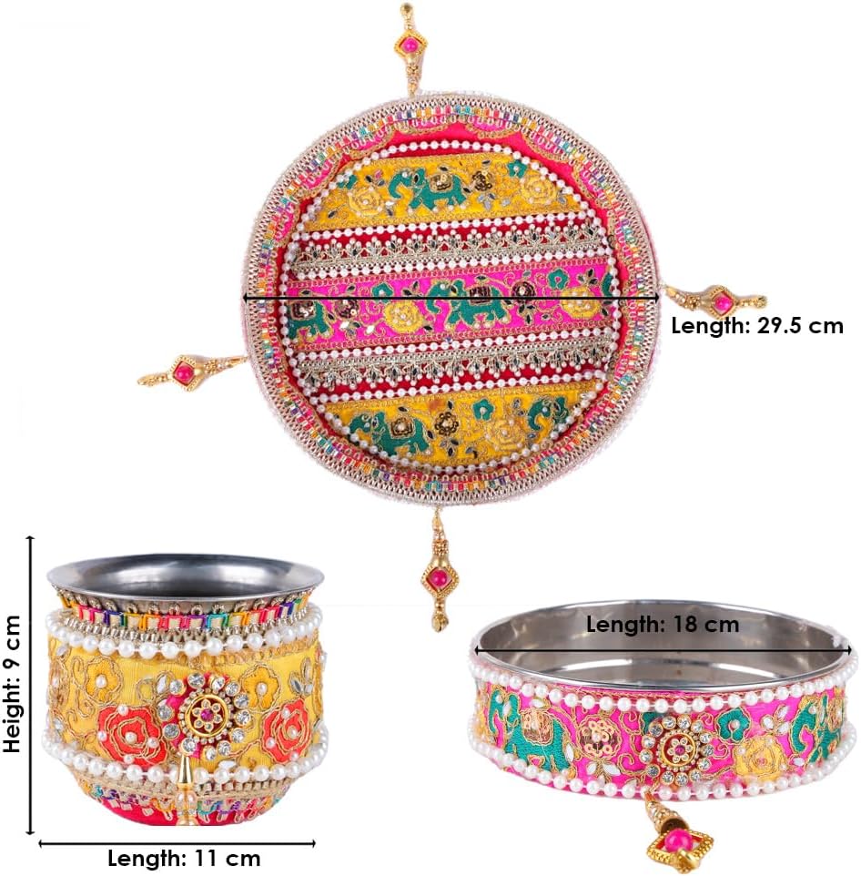 SATVIK 11 Pc Set of Decorative Karwa Chauth/Karva Chauth Thali with Lota, Channi, Story Book, Thali Cover, Bindi, Poster, Clay Diya, Roli-Chawal, Ghee Wicks, Mehendi Cone image 5