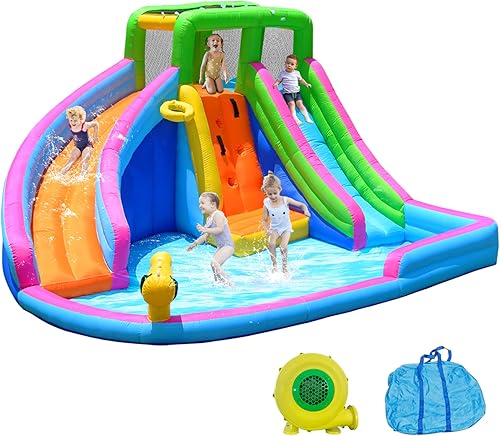 Inflatable Water Slide, 8 in 1 Water Slides Inflatables for Kids and Adults with Air Blower, Splash and Deep Pool, Climbing Wall, Bounce House,