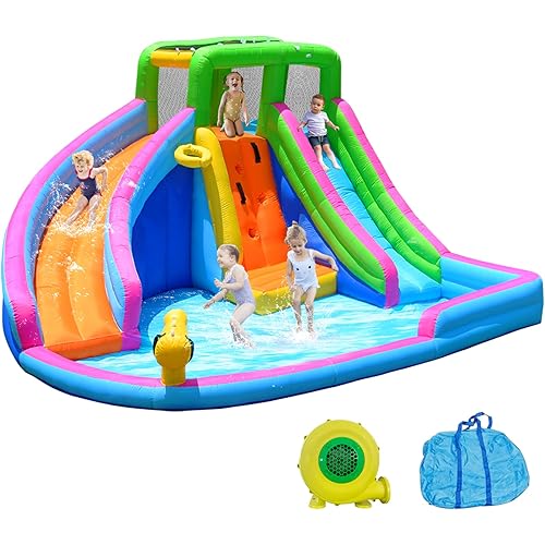 Inflatable Water Slide, 8 in 1 Water Slides Inflatables for Kids and Adults, 2 Large Water Slide with Air Blower, Splash and Deep Pool, Climbing Wall, Bounce House, Basketball Hoop (Dual Slide)