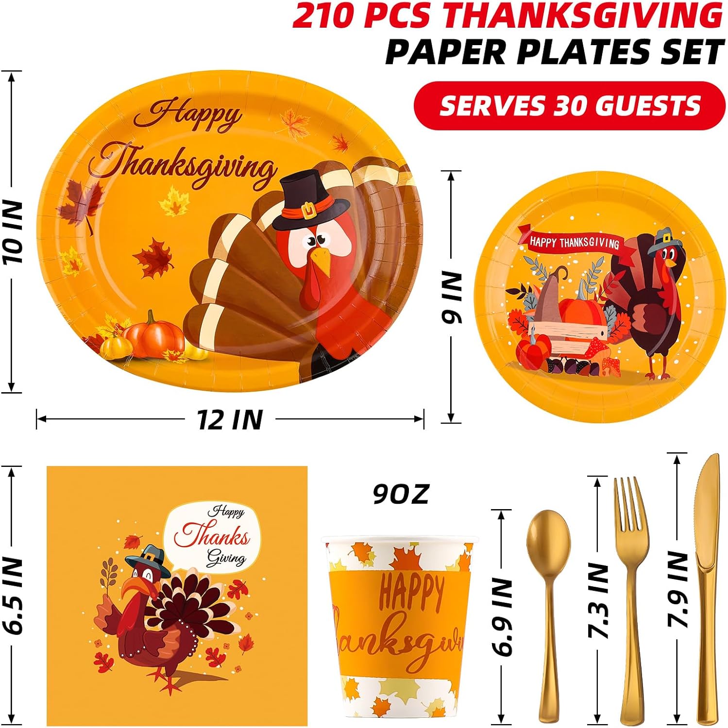 210Pcs Thanksgiving Paper Plates Set -(30 Guests) with 10 * 12inch Oval and 9inch Round Plate,Napkins, Cups, Forks, Knives, Spoons for Thanksgiving Fall Party Supplies