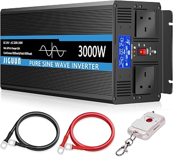 JIGUUN 3000W Inverter 24V 240V Pure Sine Wave with 20A Charger and Mains Priority and UPS Function, 2 UK Sockets, Wireless Remote Control and LCD Display Peak Power 6000W