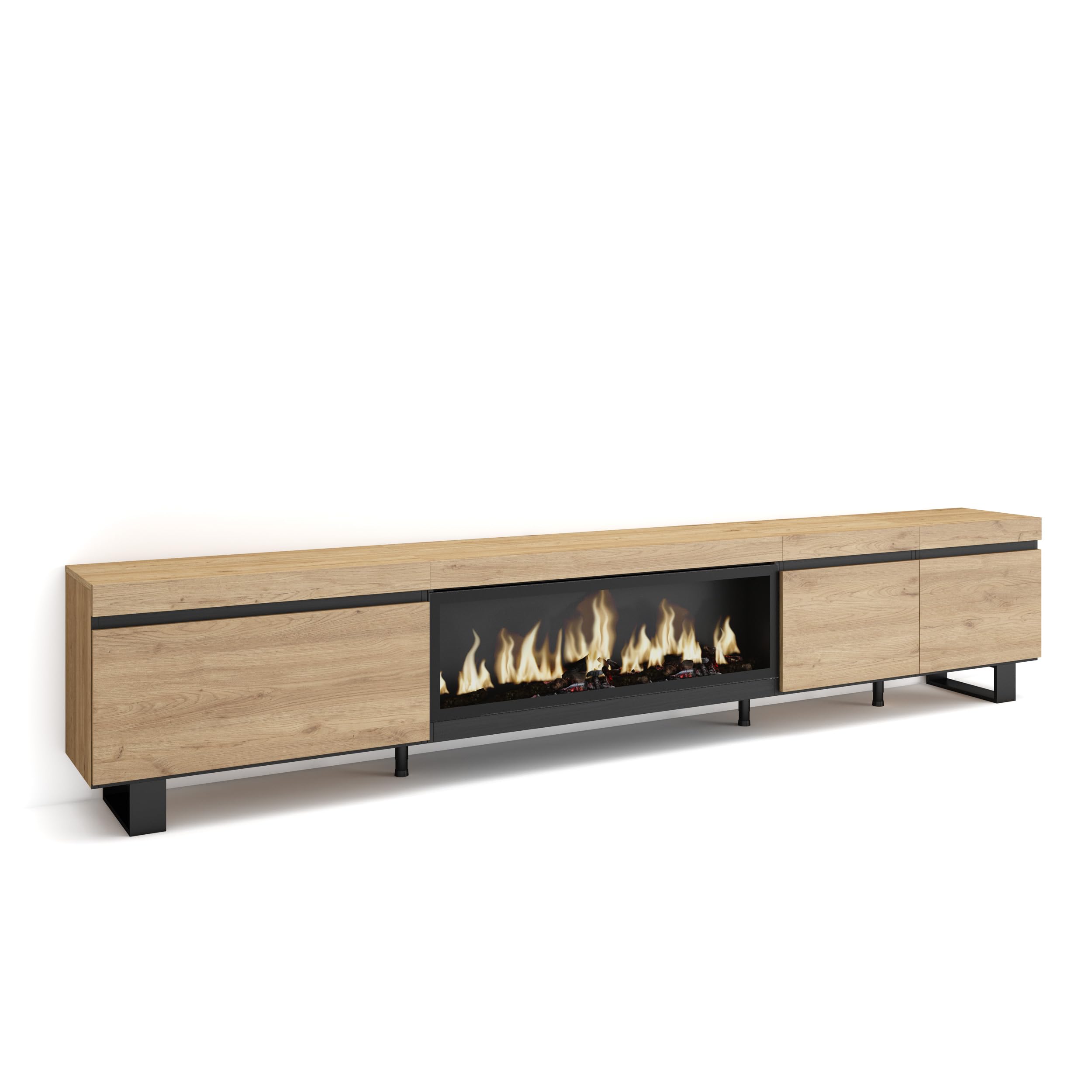 Skraut Home | Mueble TV | Televisión | Muebles de salón, almacenaje | 288x57x35 cm | para TV Gran Formato | Chimenea eléctrica XXL | Diseño Industrial | Estilo Moderno | Roble