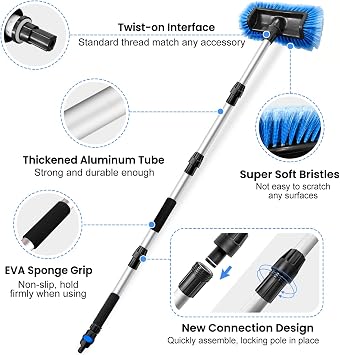 ARTIPOLY 72 Car Wash Brush with Long Handle, Flow-Thru Soft Bristle Car Washing Brush with Extendable Handle and Hose Attachment and On/Off Switch for Car, RV, SUV, Truck, Boat, House Siding(Blue)