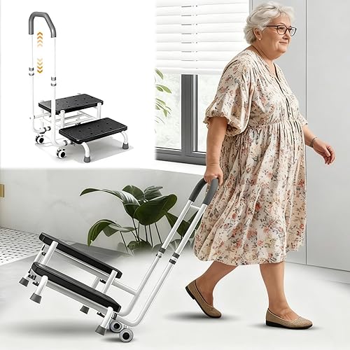 Taburete con asa para ancianos con ruedas bloqueables, pasamanos ajustables de 5 niveles, plataforma antideslizante, escalones de cama para camas
