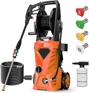 Electric Pressure Washer - 2026 New Power Washer with Upgraded Pressure Washer Hose Reel, Foam Cannon, 4 Nozzle Set, Power Washer for House/Patios/Car/Fence, Orange