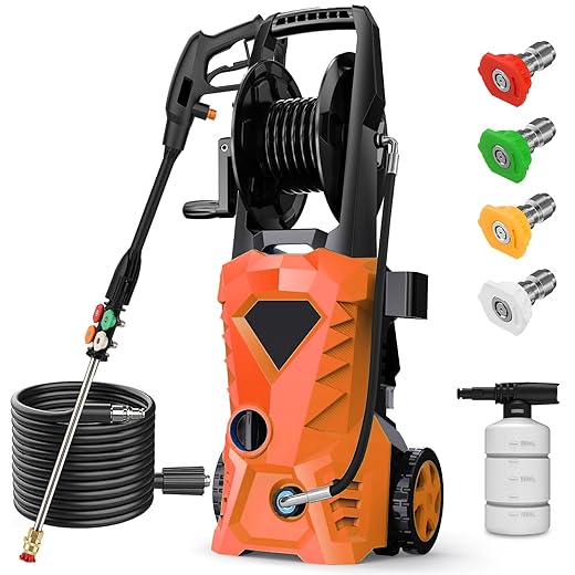 5000PSI Electric Pressure Washer - 2025 New Power Washer with Upgraded 33ft Pressure Washer Hose Reel, Foam Cannon, 4 Nozzle Set, Power Washer for House/Patios/Car/Fence, Orange