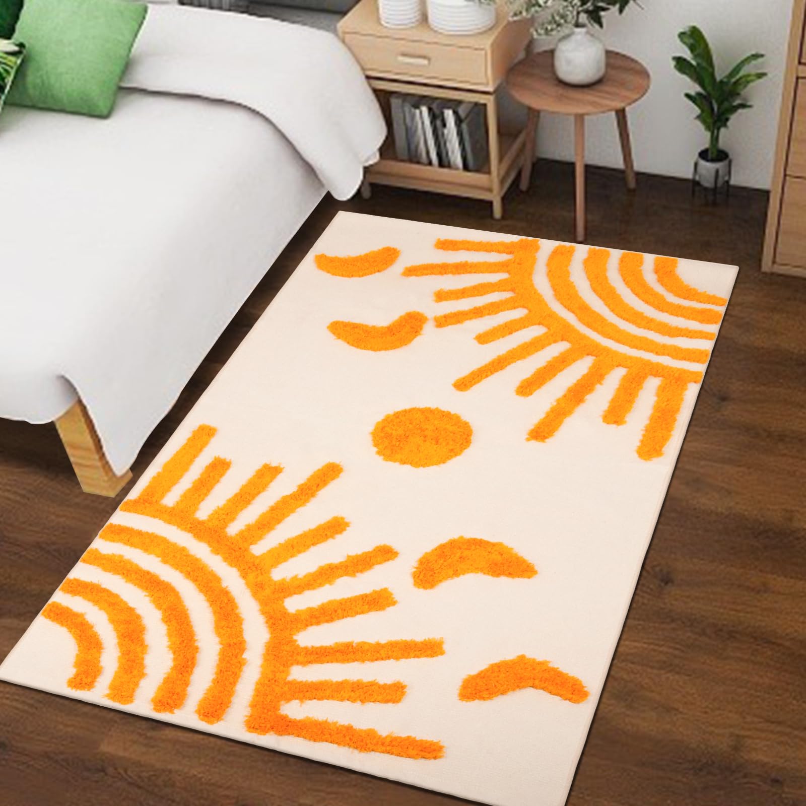 AKASISRUG Boho Rug 3'x5' Sun and Moon Tufted Area Rug, Large Washable Rugs Nursery Rug, Living Room Rug Cotton Woven Beige Area Rugs for Bedroom Dorm Kids Room Office (3'x5')