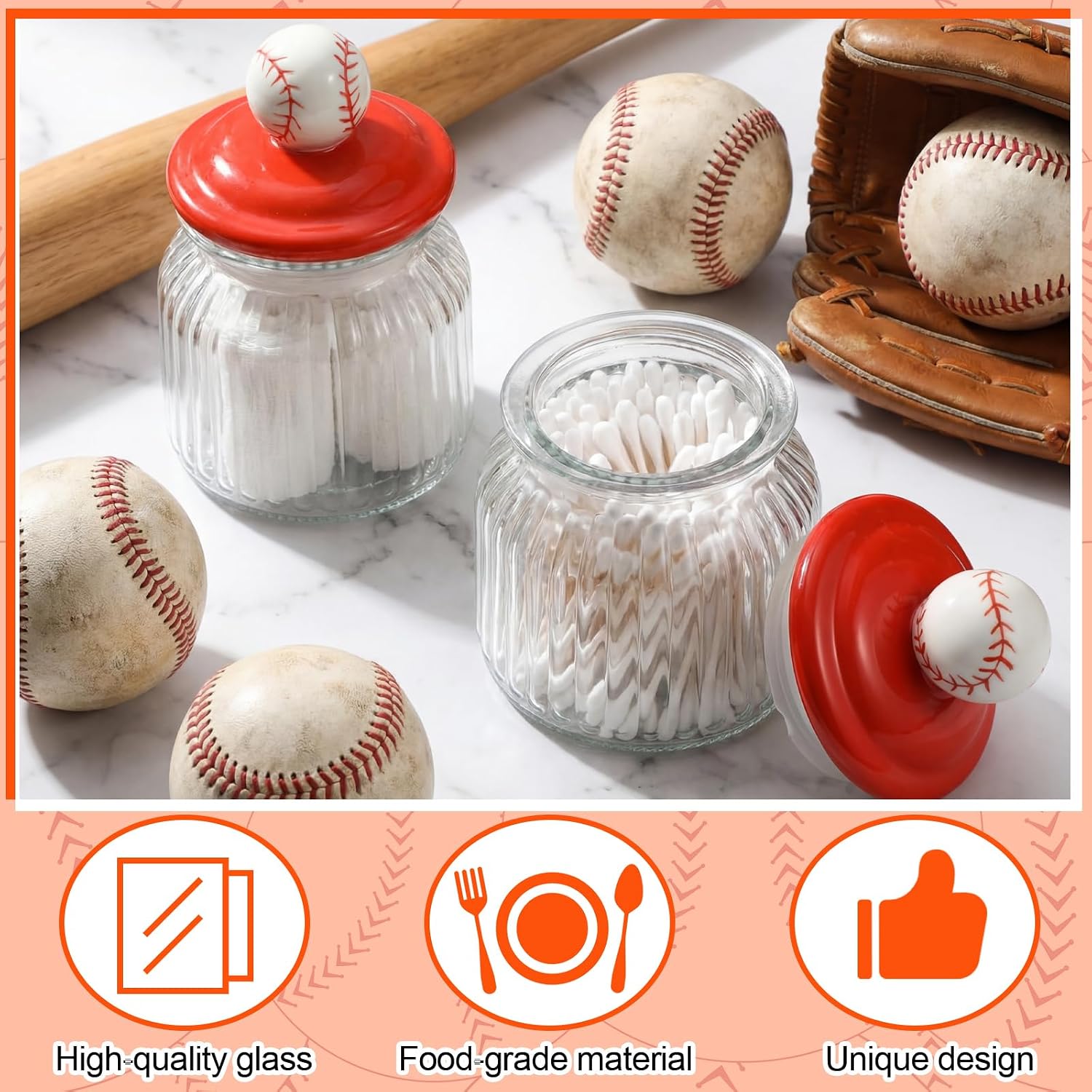 4 Set Baseball Glass Jars, Baseball Candy Jars with Lid & Sticker, 22oz Baseballs Treat Container Bulk Funny Large Candy Jar Gift for Team Coach Player Sport Game Party Favor Home Decoration