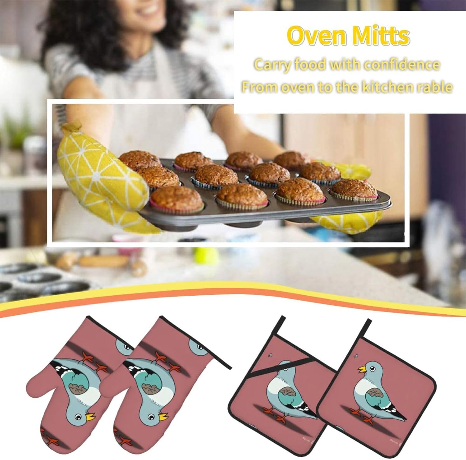 Cartoon Pigeon Prints Kitchen Covers: Waterproof Oven Layers for Safe Cooking & Easy Cleanup - 4 Piece Heat Protection Set