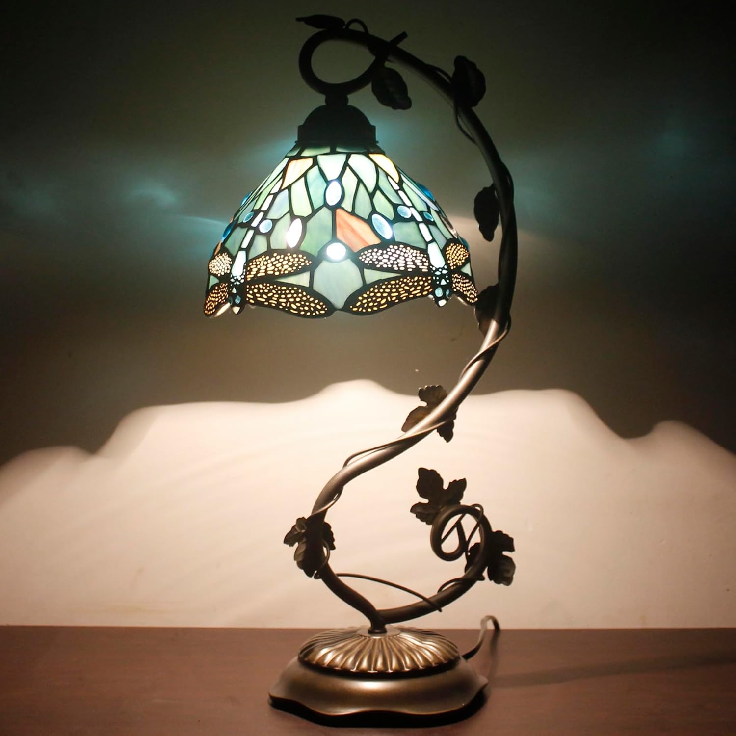 WERFACTORY Tiffany Lamp Sea Blue Stained Glass Dragonfly Style Desk Reading Light, Metal Leaf Table Lamp Base 8X10X21 Inches Decor Small Space Bedside Bedroom Home Office S147 Series