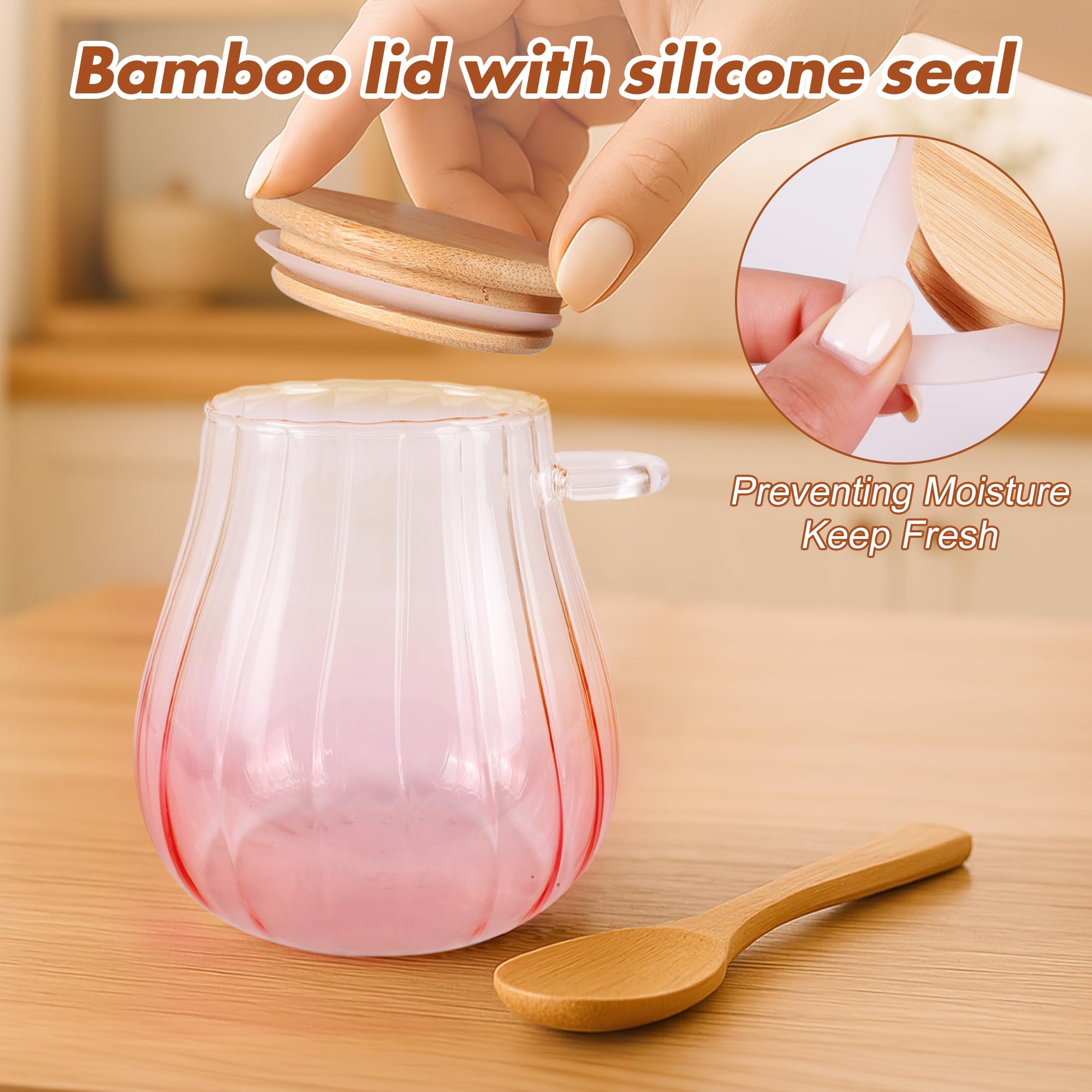 Azucarero rosa de 15 onzas con tapa y cuchara de bambú, decoración y accesorios de cocina rosa, tarro de vidrio con tapa hermética, contenedor de azúcar moreno, contenedor de azúcar para cafetería y 3