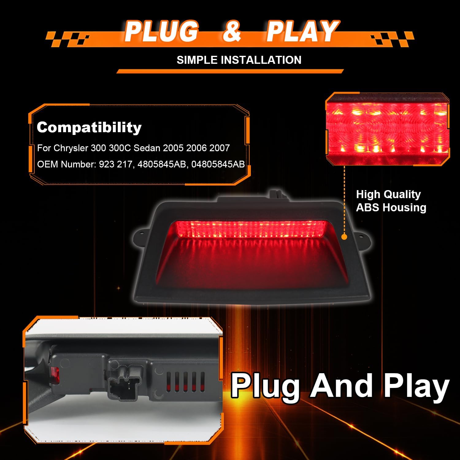 1PCS LED Rear Bumper 3RD Third Brake Light Red Lens for Chrysler 300 300C Sedan 2005 2006 2007 Rear Center High Mount Stop Lamp Replace OE Number# 04805845AB, 4805845AB, 923 217
