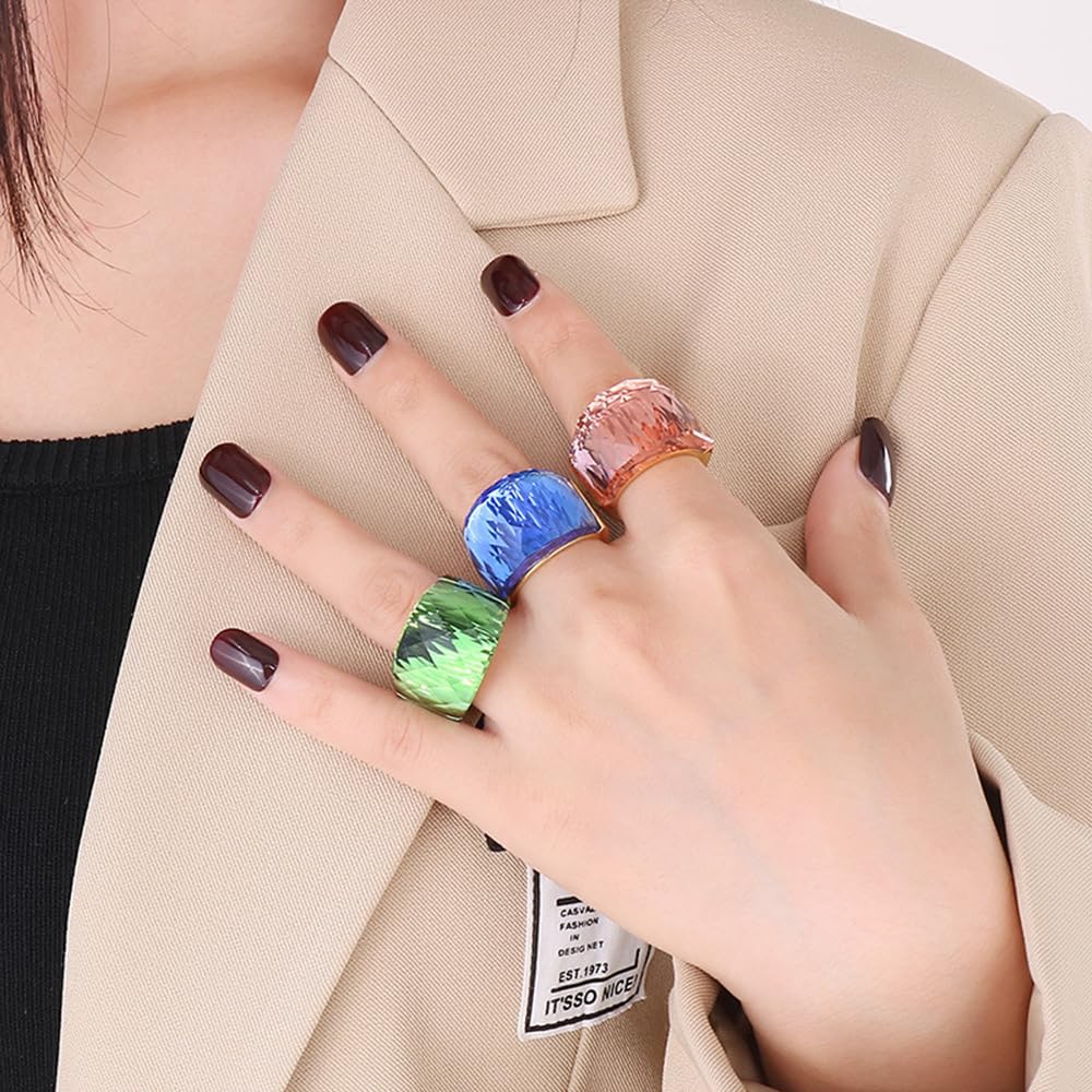 Crystal Glass Stainless Steel Band Ring Gold-Tone Plated Fashion Exaggerated Cubic Zirconia Rings Women's Stunning Large Statement Rhinestone Bands Cocktail Party Ring for Ladies Birthday