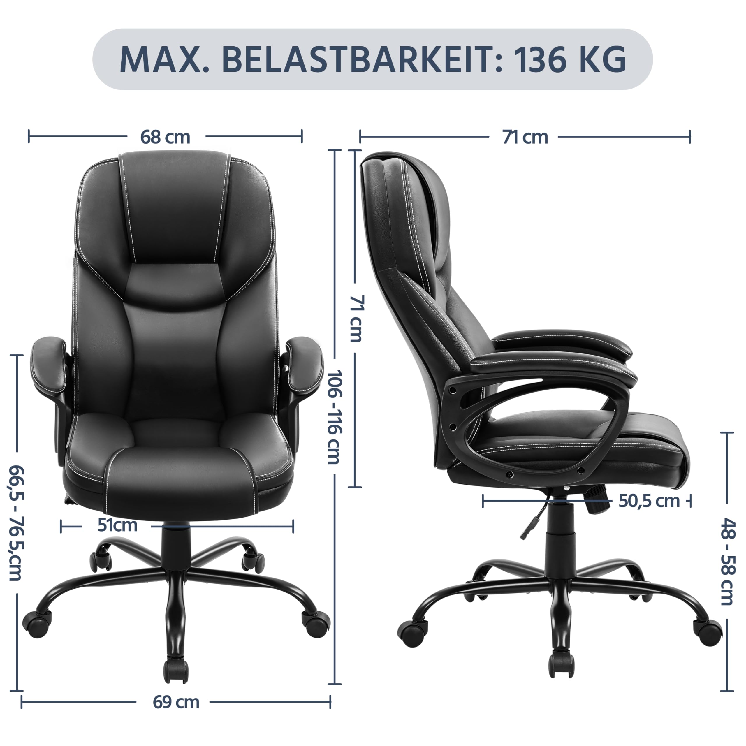 Yaheetech Bürostuhl Chefsessel Ergonomischer Drehstuhl Hoher Rücken Computerstuhl bequem Schreibtischstuhl Höhenverstellbar Office Stuhl Kunstleder Hochdichter Schaumstoff Wippfunktion Schwarz
