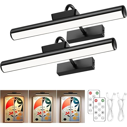13" Aluminum Wireless Picture Lights for Wall, 5000mAh Rechargeable Battery Operated Wall Art Lighting, Dimmable 3-Color Gallery Painting Light for Pictures On Wall, with Remote/Timer [Black, 2Pack]