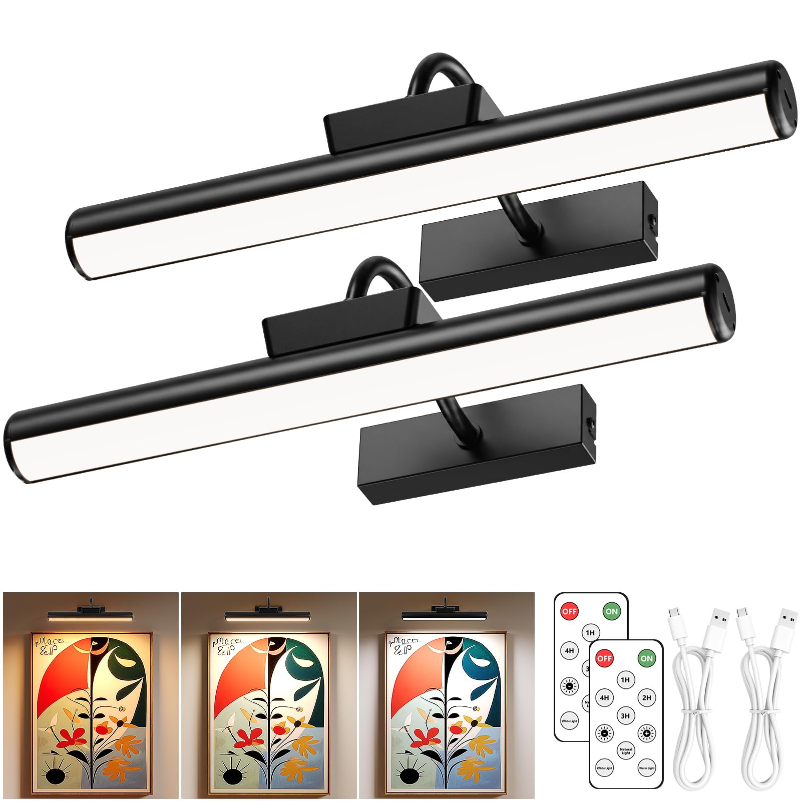 13" Aluminum Wireless Picture Lights for Wall, 5000mAh Rechargeable Battery Operated Wall Art Lighting, Dimmable 3-Color Gallery Painting Light for Pictures On Wall, with Remote/Timer [Black, 2Pack] — image 1