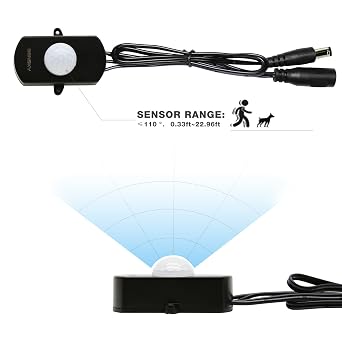 SENSKY BS010L DC 12V to 30V 3A Mini Pir Motion Sensor Switch,Occupancy Sensor Switch for Gun Safe, Kitchen Cabinet, Pantry, Closet led lighting (Black-With Light Sensor)