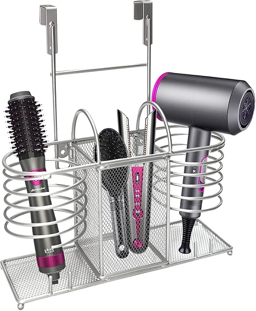 Sunlit 3 in 1 Hair Dryer Holder Wall Mount/Countertop/Over Cabinet Door Metal Wire Hair Product & Styling Tool Organizer Storage Basket Holder for Brushes, Flat Iron, Curling Wand, Hair Straightener