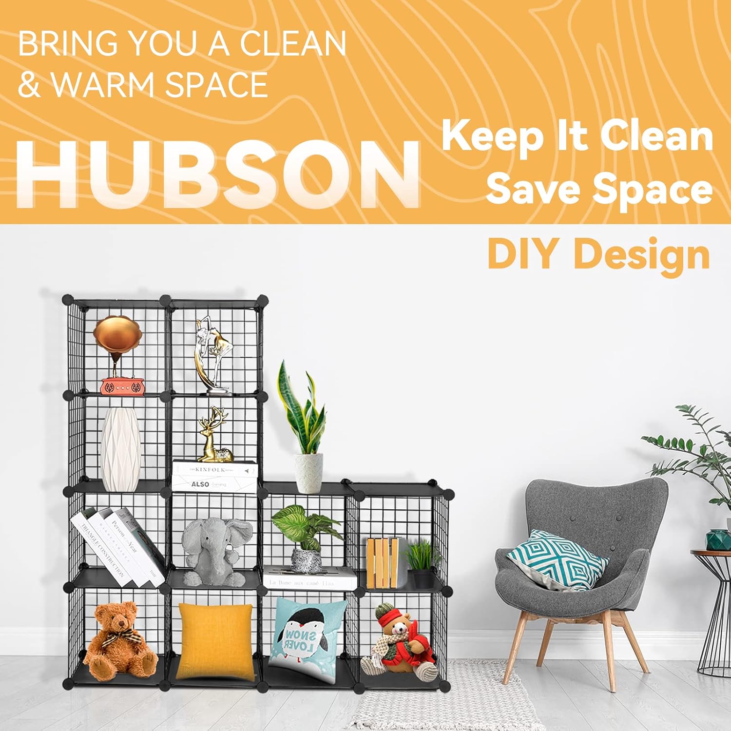 HUBSON Wire Cube Storage Organizer, Book/Toy/Craft/Potted Plants and petCloset Organizers and Storage Shelves, 25-Cube Freely Combinable Metal Grids Storage Shelf,Black Plus Iron - Image 7
