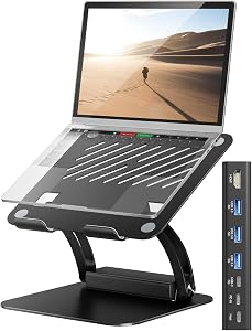 Tounee Laptop Stand with Detachable USB-C Hub, 100W PD Charging, 4K@60Hz HDMI, USB-A & USB-C 3.0 Ports, Host Port, Ergonomic Aluminum Laptop Holder for 10-17" Laptops, MacBook & More (Black)