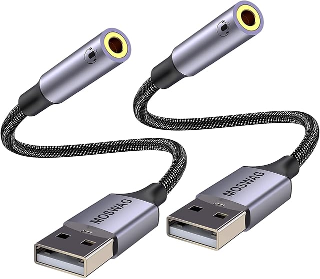 Adapter USB do gniazda audio MOSWAG (2 szt.), 3.5mm Stereo Aux Converter Zewnętrzny adapter karty dźwiękowej kompatybilny ze słuchawkami, komputerem PC, laptopem, Linuxem, komputerem stacjonarnym, PS4