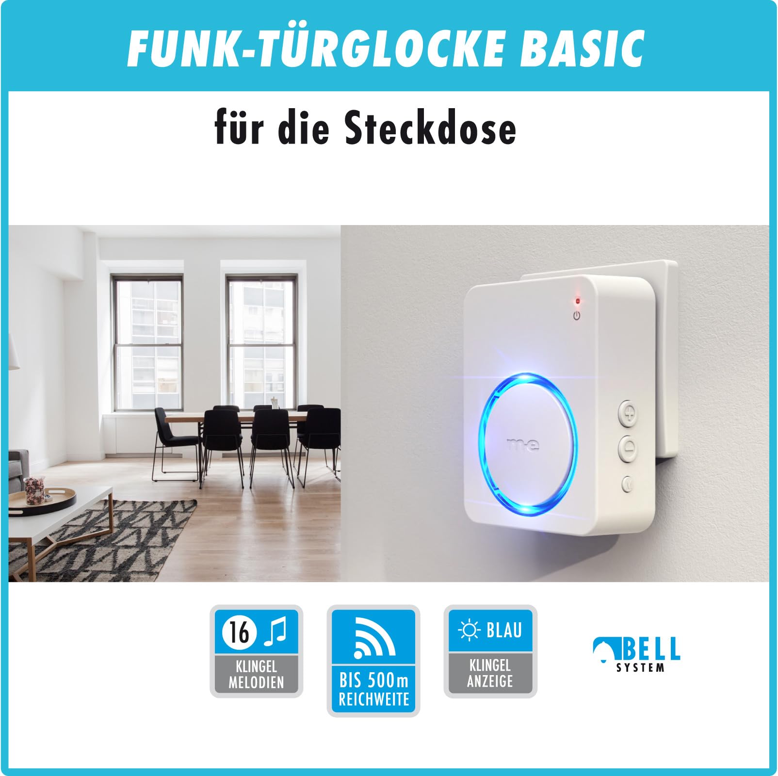 m-e Funkklingel BELL-521 AC Silber mit Sender und Empfänger für 1-Familienhaus, Erweiterbare kabellose Türklingel mit 500 Meter Reichweite, Türglocke für Steckdose Türklingel Funk