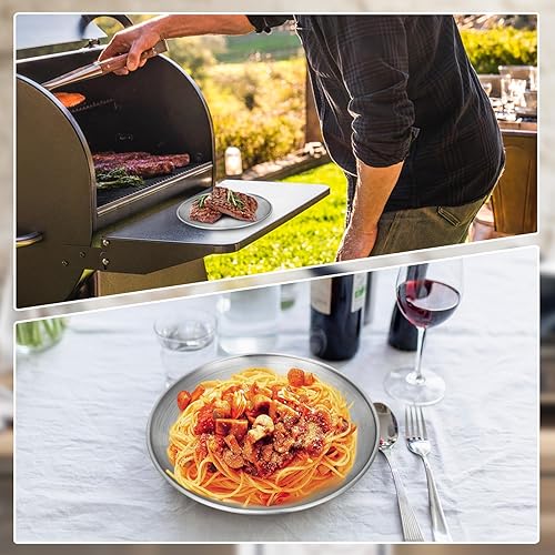 Miniatura 5 de Platos de metal para campamento, paquete de 4 platos de acero inoxidable 304 (188) de 9.1 pulgadas, platos reutilizables para pizza, aperitivos,