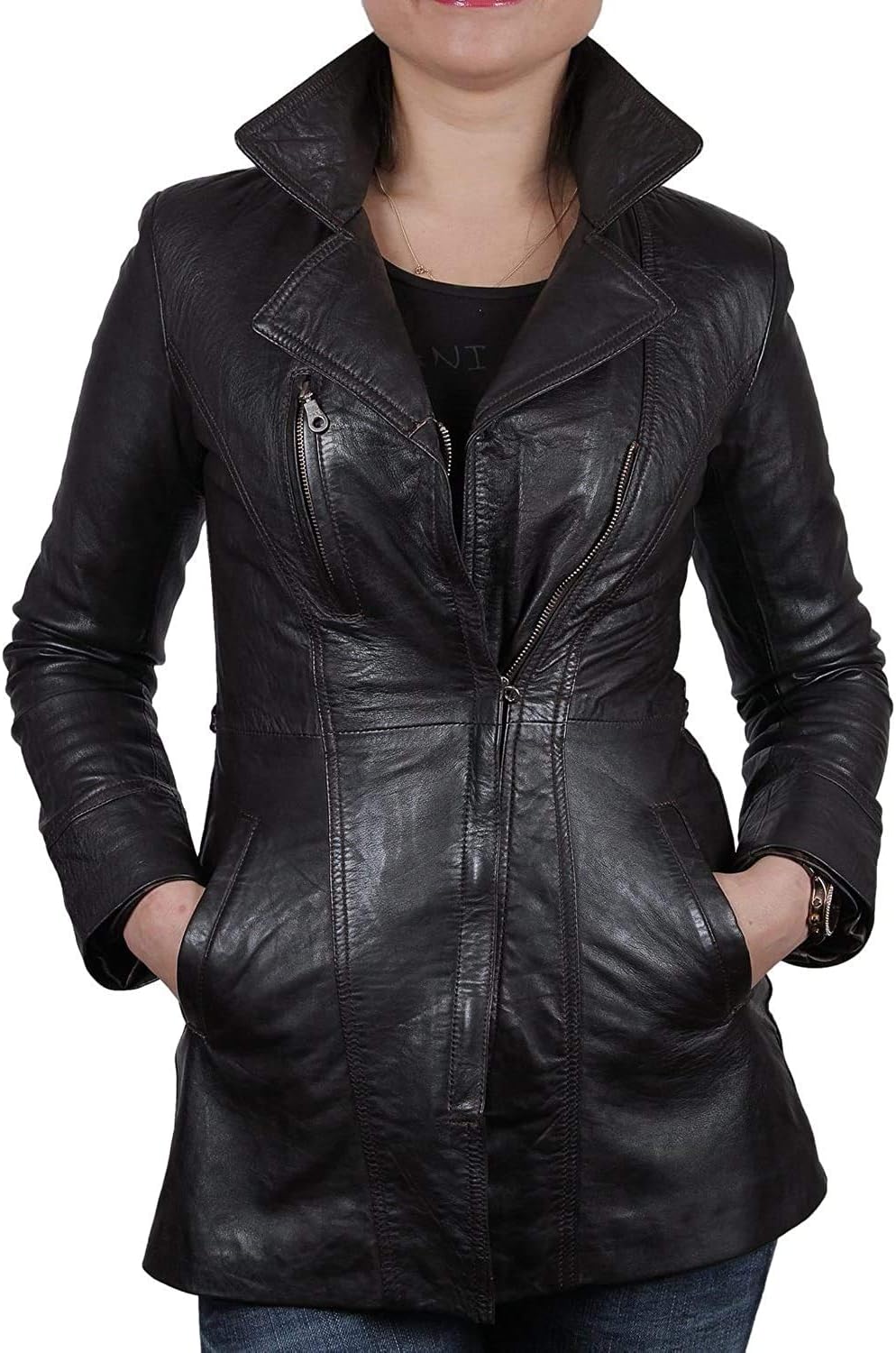 BRANDSLOCK Womens Genuine Long Leather Jacket