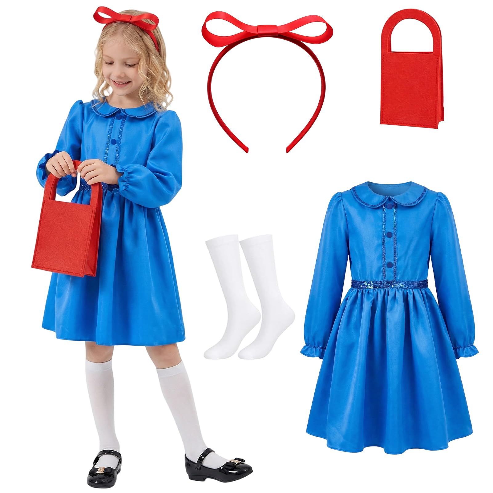 Meriviva Girls World Book Day Costumes Blue Dress with Red Bowknot Headband and Bag, Kids Girls Fancy Dress Costumes for World Book Day (S)