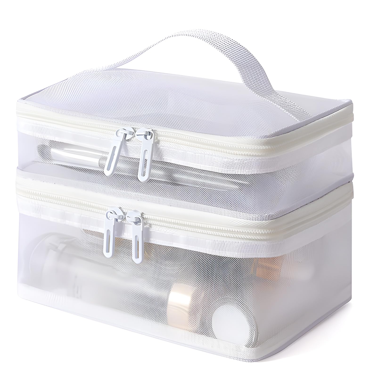 Desuibao Double Layer Makeup Bag, Mesh Cosmetic Bag with Handle, Double Zipper Beauty Make up Bag