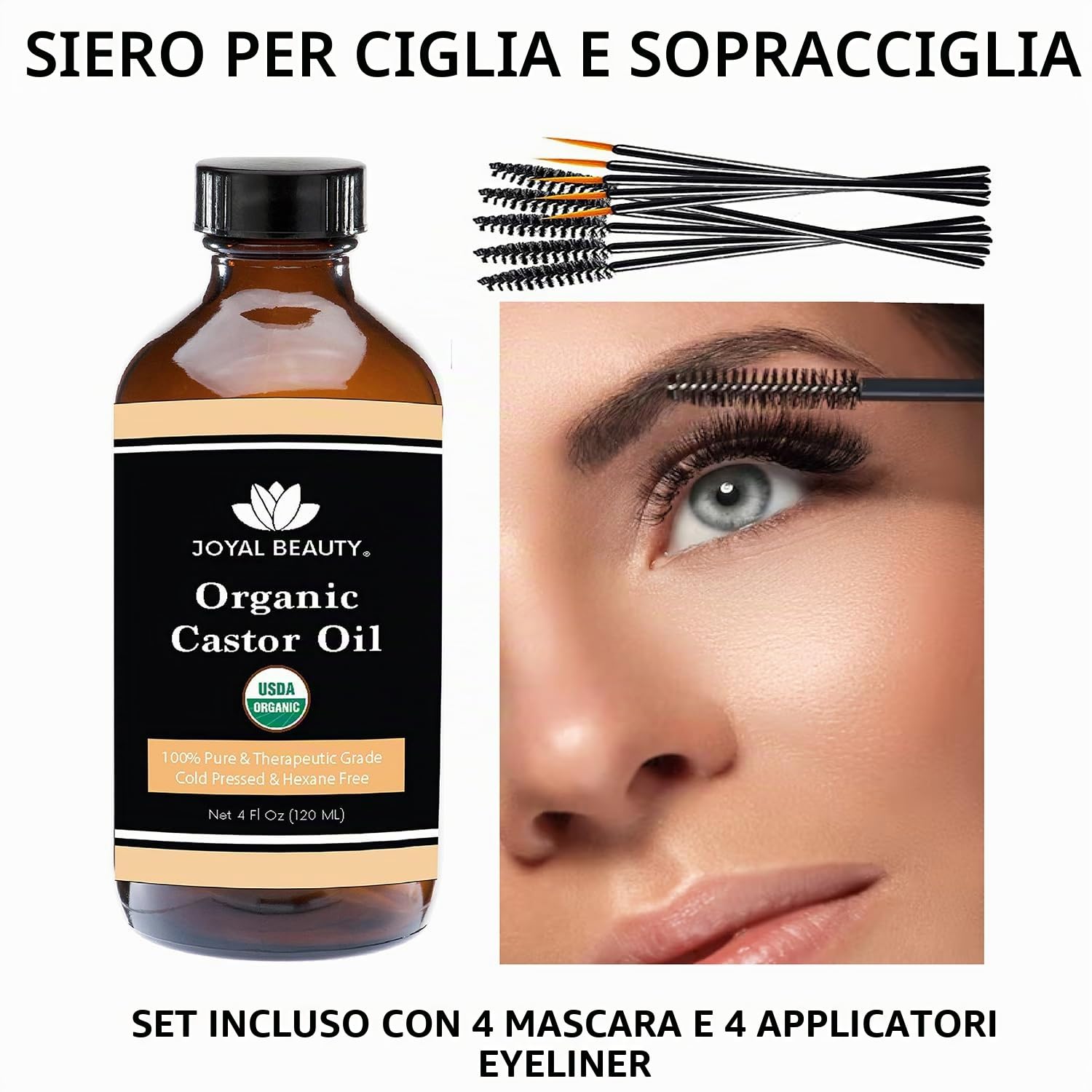 Castor Oil (4 OZ) USDA Organic 100% Pure Cold-Pressed Hexane-free Premium Quality Large Size for Hair Growth, Eyelashes, Eyebrows, Beard and Skin by Joyal Beauty. Bonus FREE Mascara Kit Included