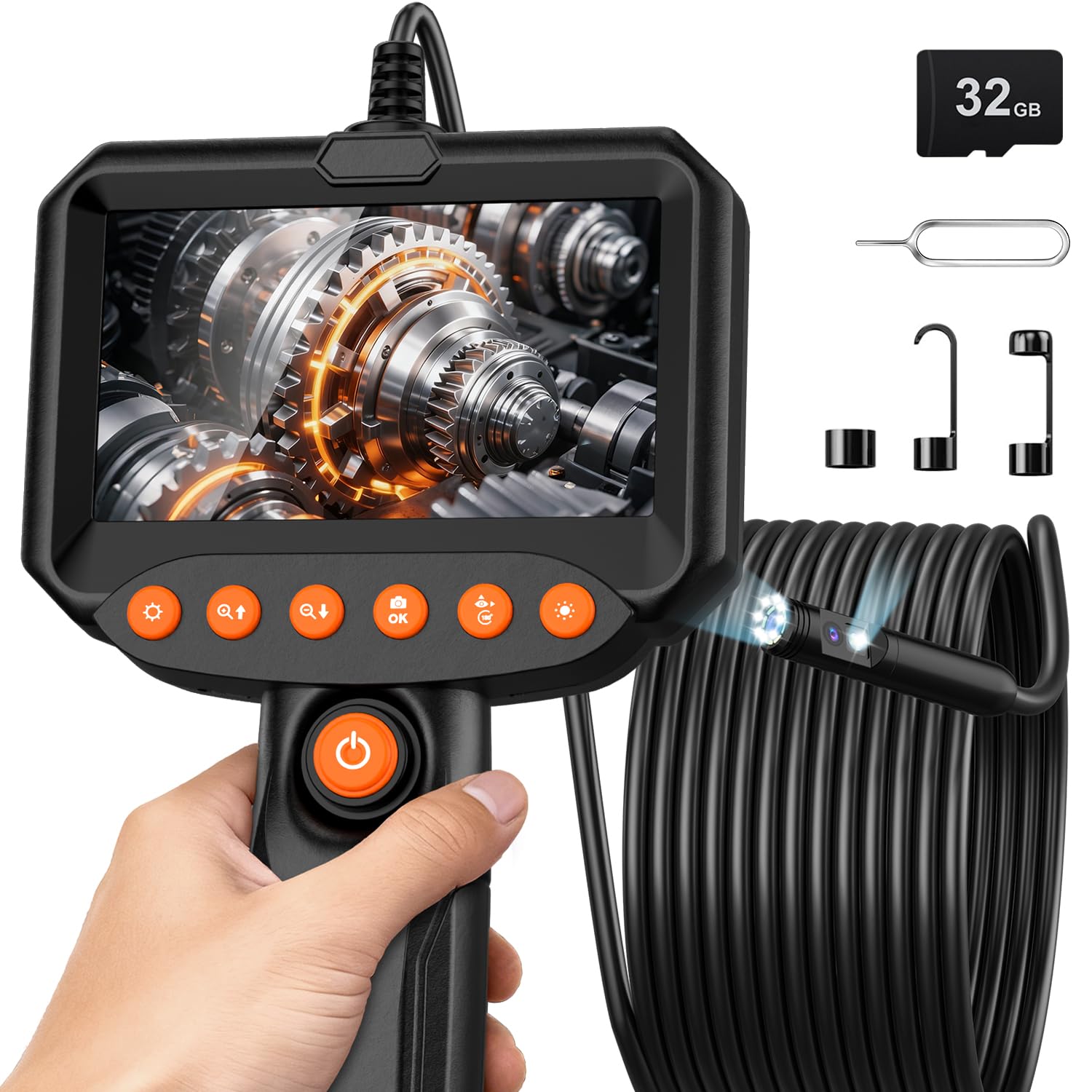 Dual Lens Endoscope Camera with Light, 1920P HD Industrial Borescope with 4.3" LCD, IP67 Waterproof Inspection Camera, 16.4FT Semi-Rigid Cable, 8 LED Lights, 32GB Card, for Sewer Pipe HVAC Car Repair