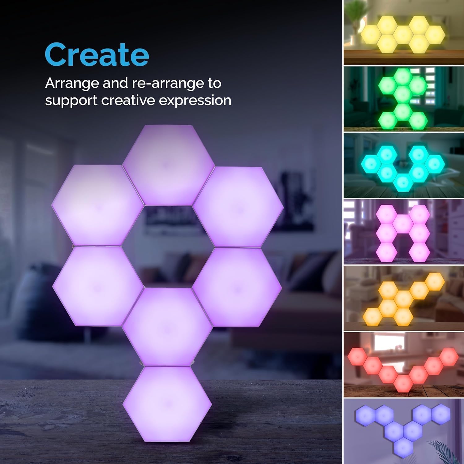 Emberela HEXlights - Luces sensoriales para niños, 7 unidades hexagonales táctiles, control remoto, paneles LED de pared, soporte de mesa incluido